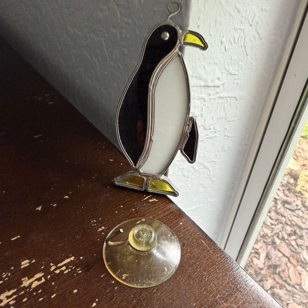 Vintage Stained Glass Suncatcher Penguin White Black Yellow 5” Window Decoration